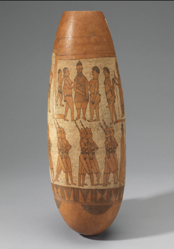 elongated ceramic vessel with painted human figures in terracotta and beige colors