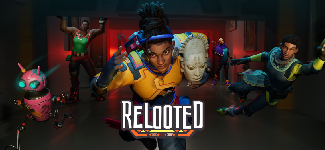Characters in colorful outfits and a pink robot in action pose, holding a white mask.
