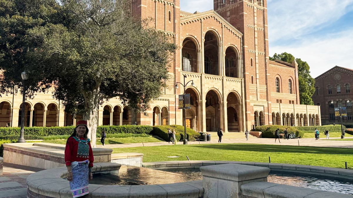 Brick building with arches, stone fountain, and green lawn under blue sky.
