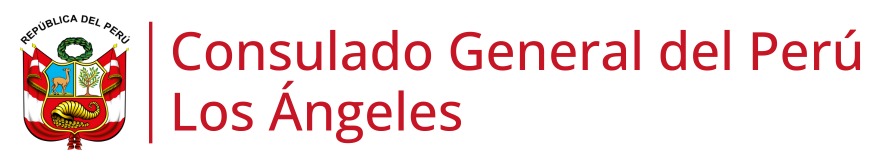 Peru coat of arms emblem and red text of Consulado General del Perú Los Ángeles on white background